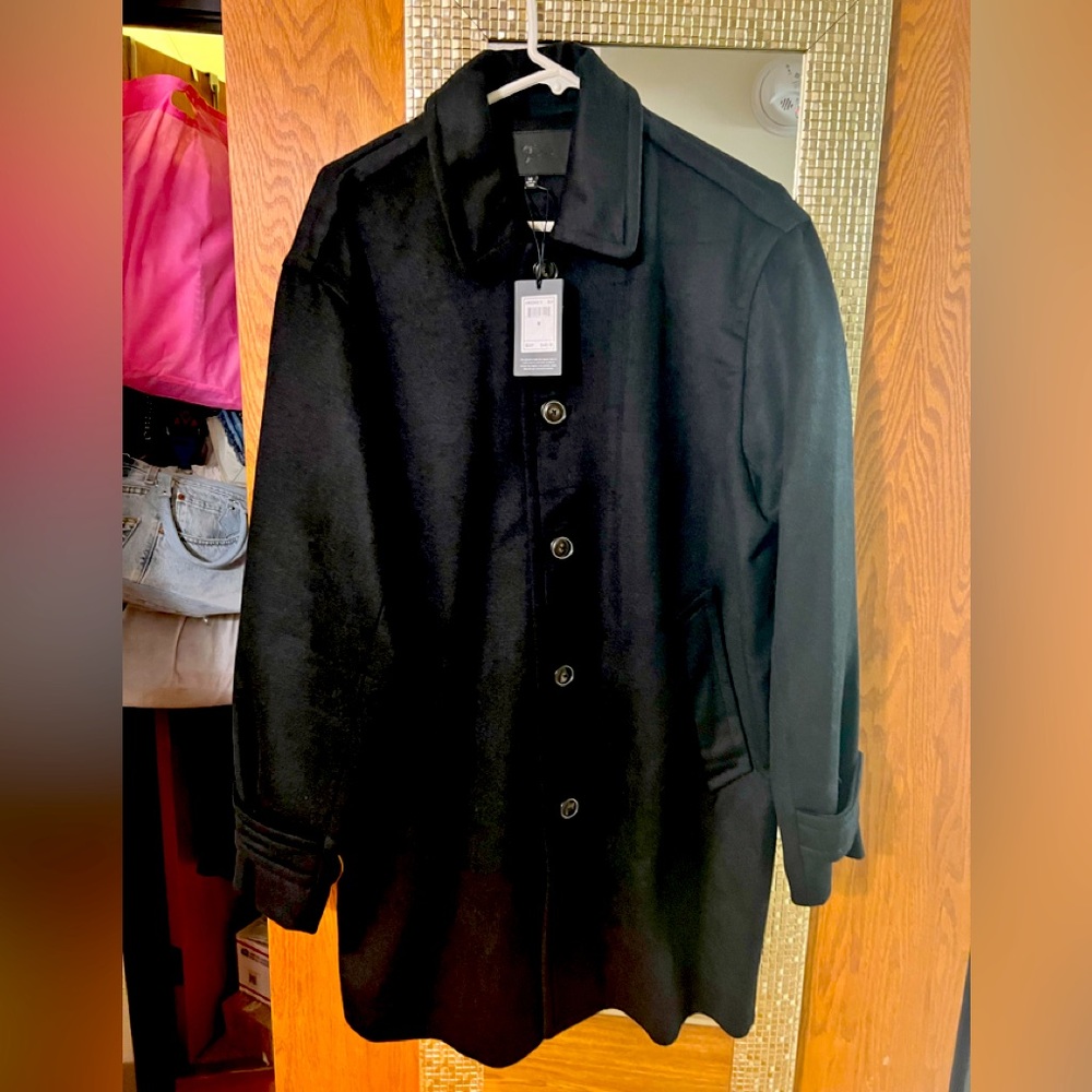 JET BLACK WOOL BLEND COAT BY 7 FOR ALL MAN KIND… SIZE MEDIUM… NEW WITH TAGS.